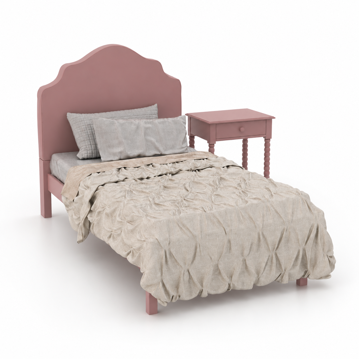 Dusty Pink Kids Bed Set – Scalloped Headboard 3D Model 1