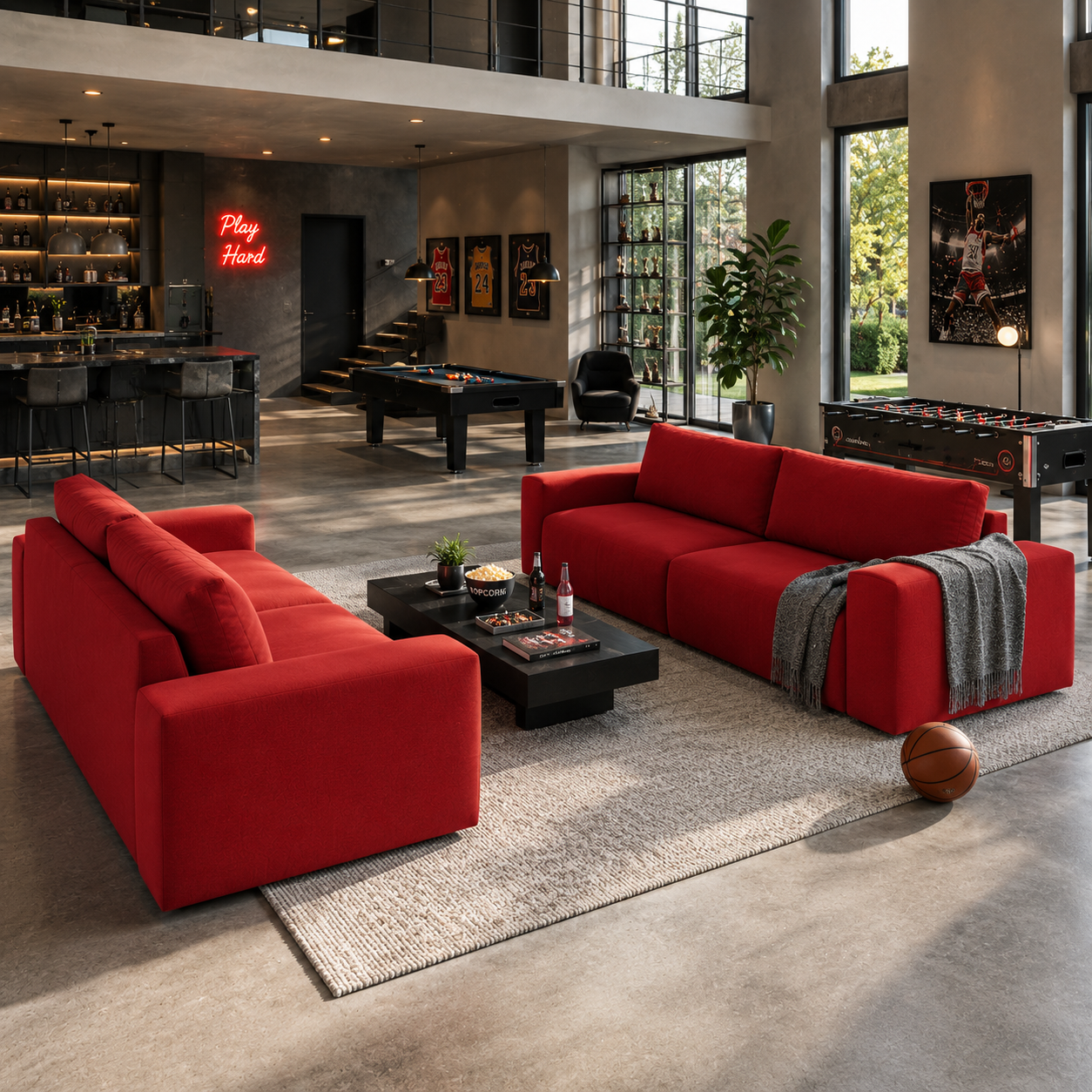 Modern Red Fabric Sofa – Wide Square Arms 3D Model 4