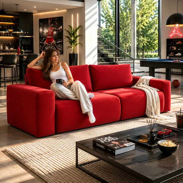 Modern Red Fabric Sofa – Wide Square Arms 3D Model back