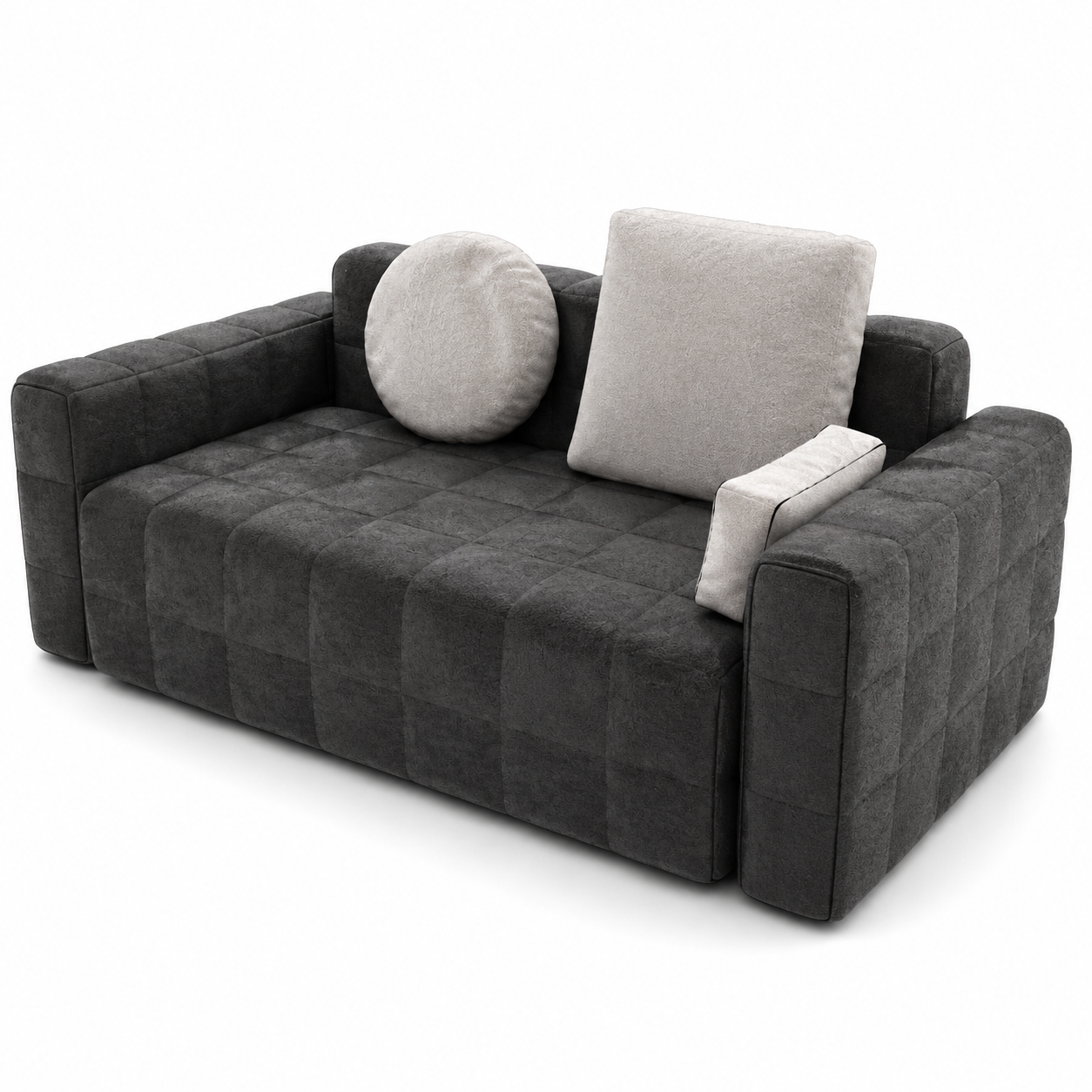 Charcoal Gray Quilted Sofa with Contrast Cushions 3D Model 3