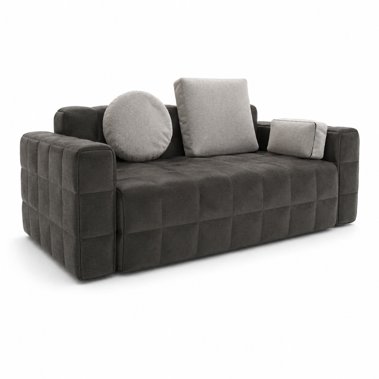 Charcoal Gray Quilted Sofa with Contrast Cushions 3D Model 1