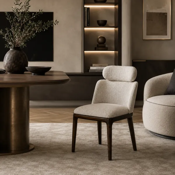 Beige Upholstered Armchair – Dark Wood Frame 3D Model back