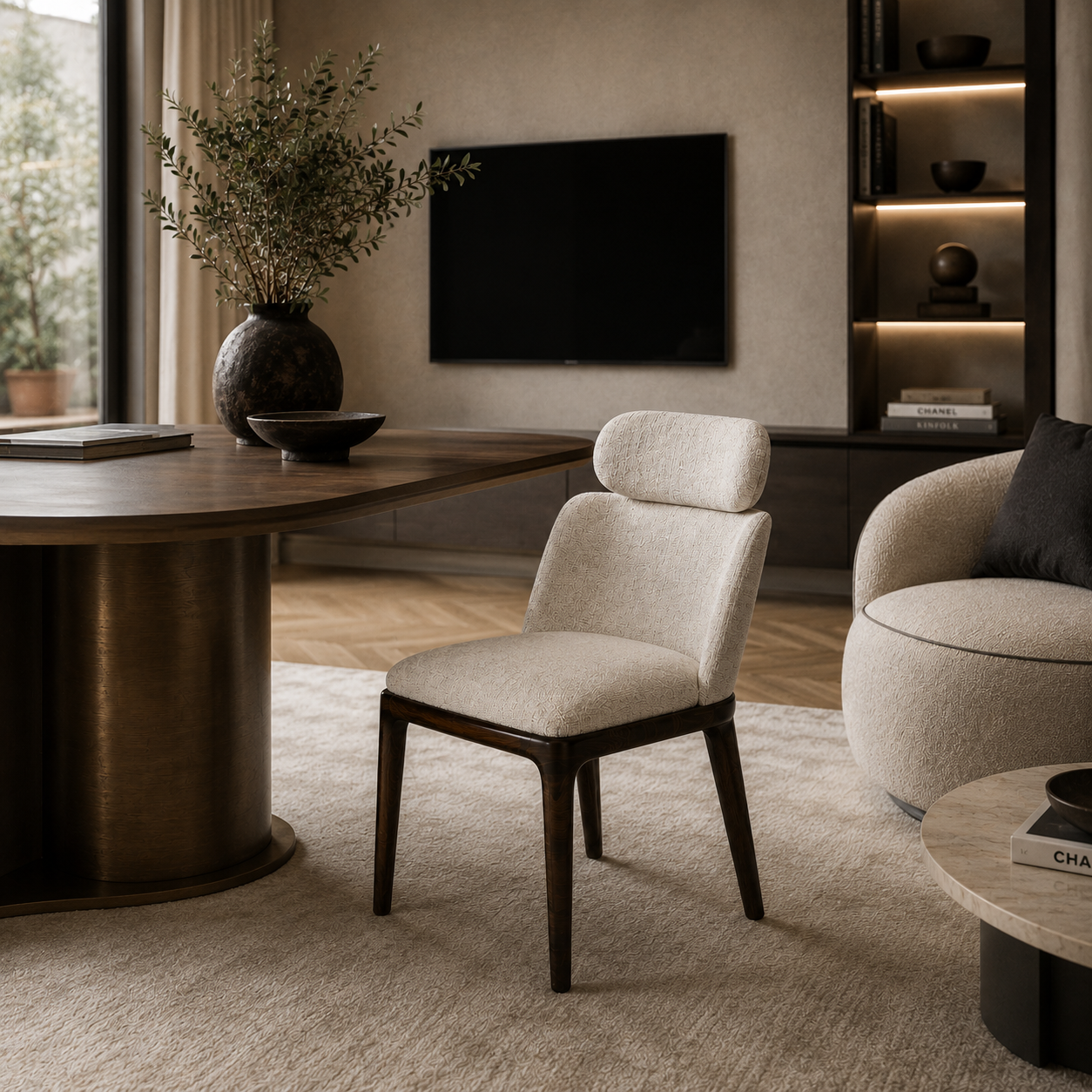 Beige Upholstered Armchair – Dark Wood Frame 3D Model 4