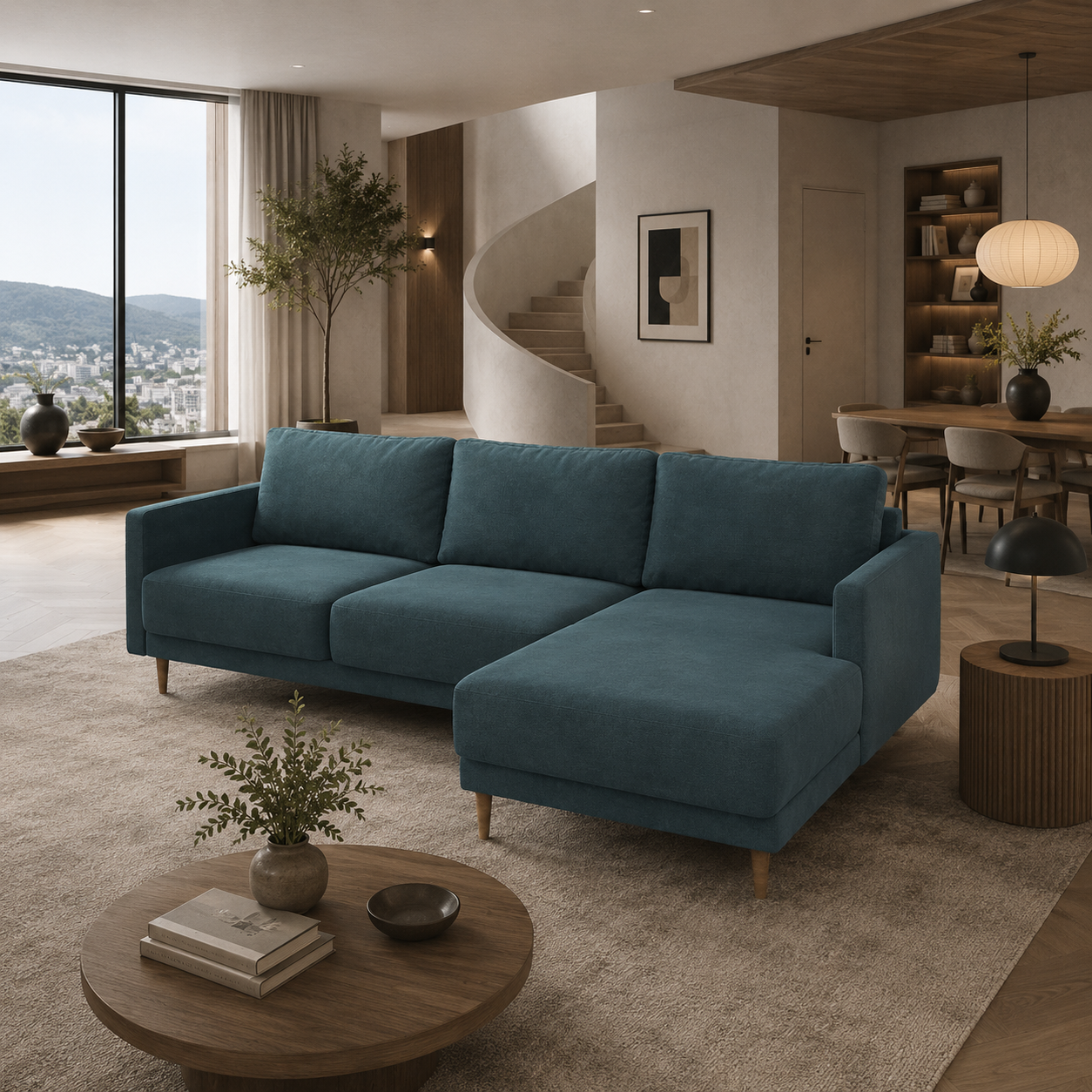 Deep Teal Fabric Chaise Sofa – Tapered Wood Legs 3D Model 4