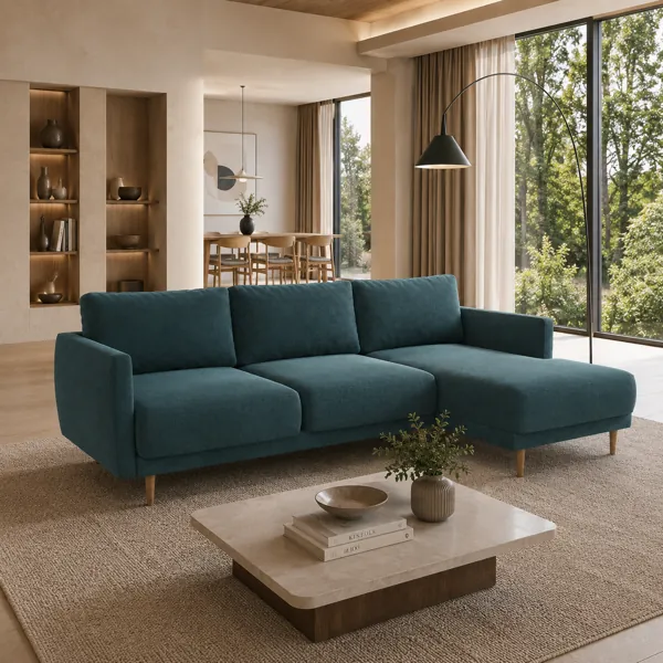 Deep Teal Fabric Chaise Sofa – Tapered Wood Legs 3D Model back