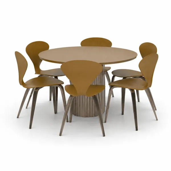 Mustard Sculpted-Back Round Dining Set – Fluted Wood Pedestal 3D Model