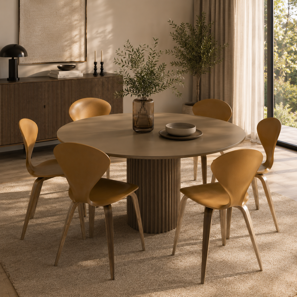 Mustard Sculpted-Back Round Dining Set – Fluted Wood Pedestal 3D Model 3