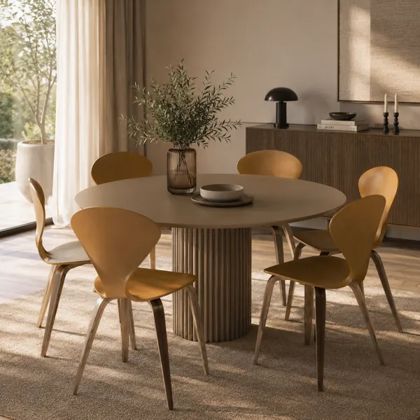 Mustard Sculpted-Back Round Dining Set – Fluted Wood Pedestal 3D Model back