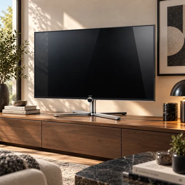 Black TV with Brushed Silver Cross Stand 3D Model back