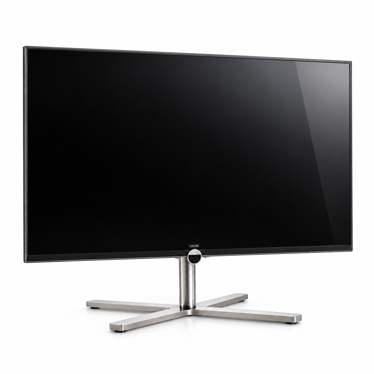 Black TV with Brushed Silver Cross Stand 3D Model 1