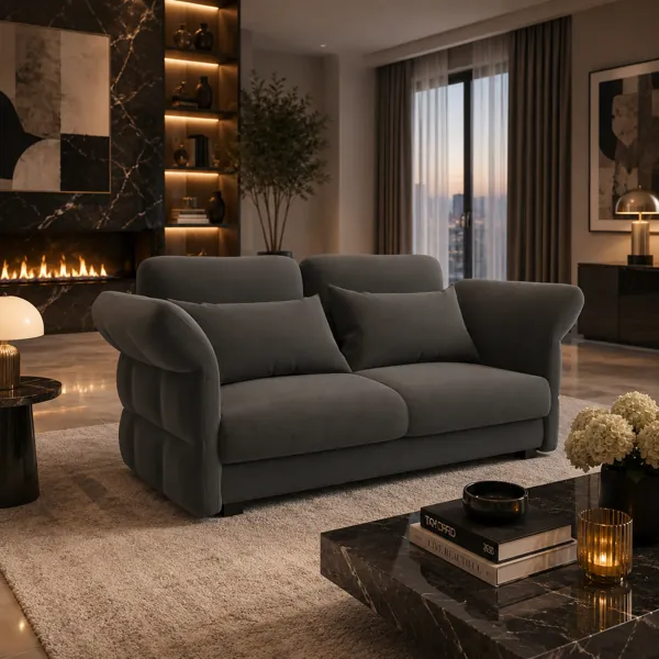 Charcoal Gray Sofa – Layered Wing Arms 3D Model back