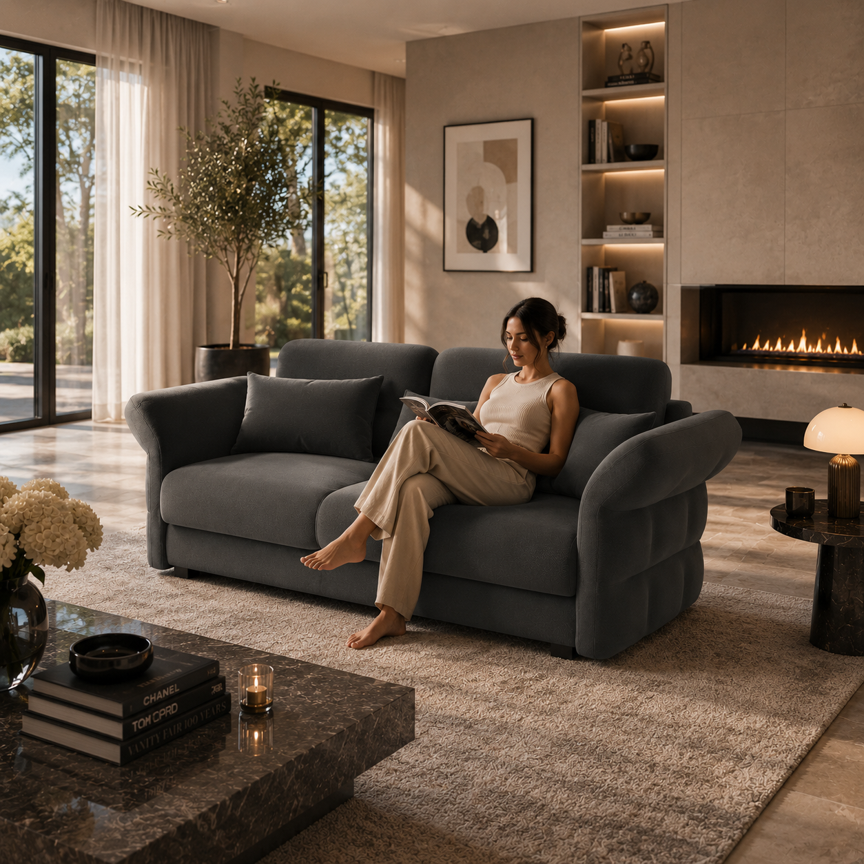 Charcoal Gray Sofa – Layered Wing Arms 3D Model 4