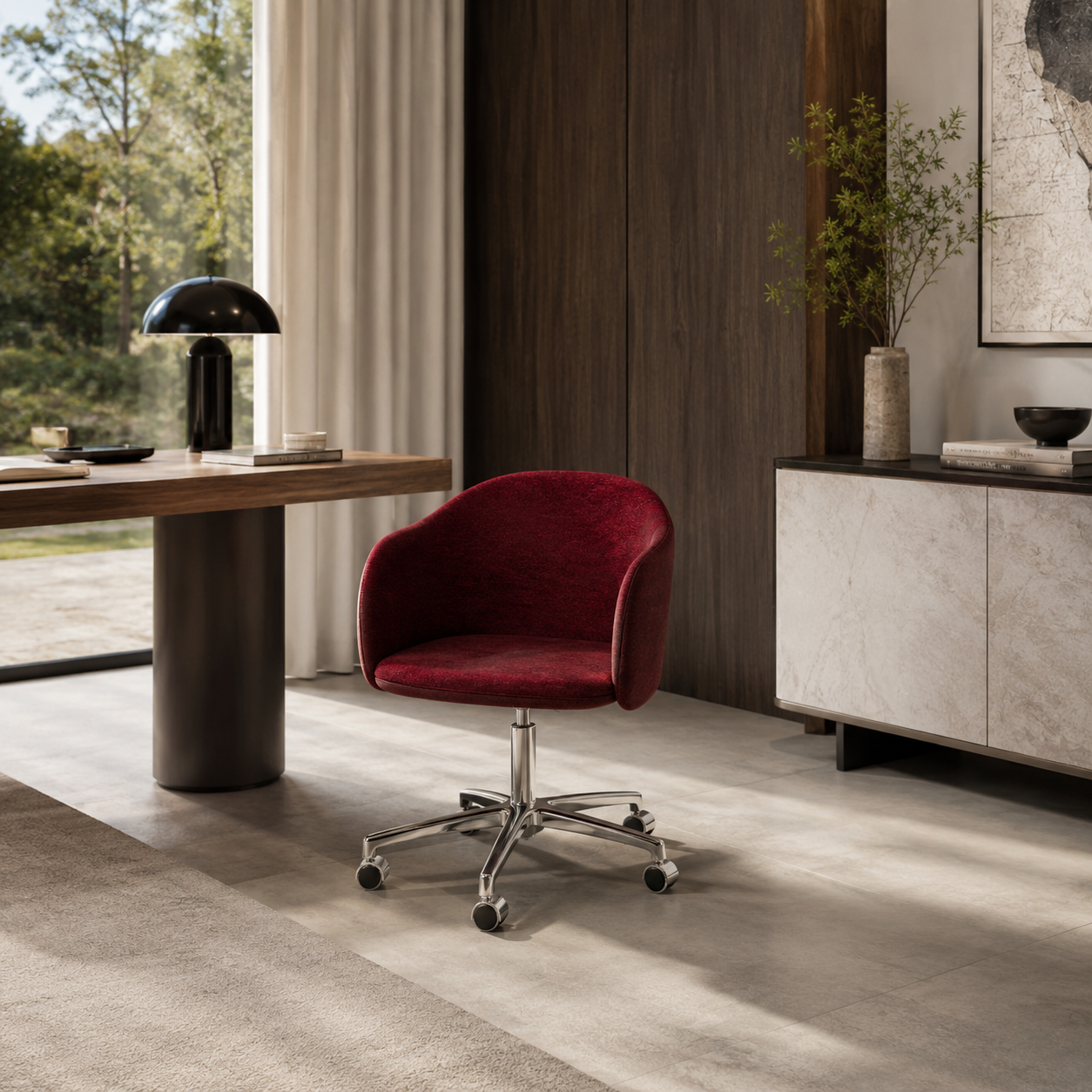Burgundy Curved Fabric Swivel Office Chair 3D Model 4