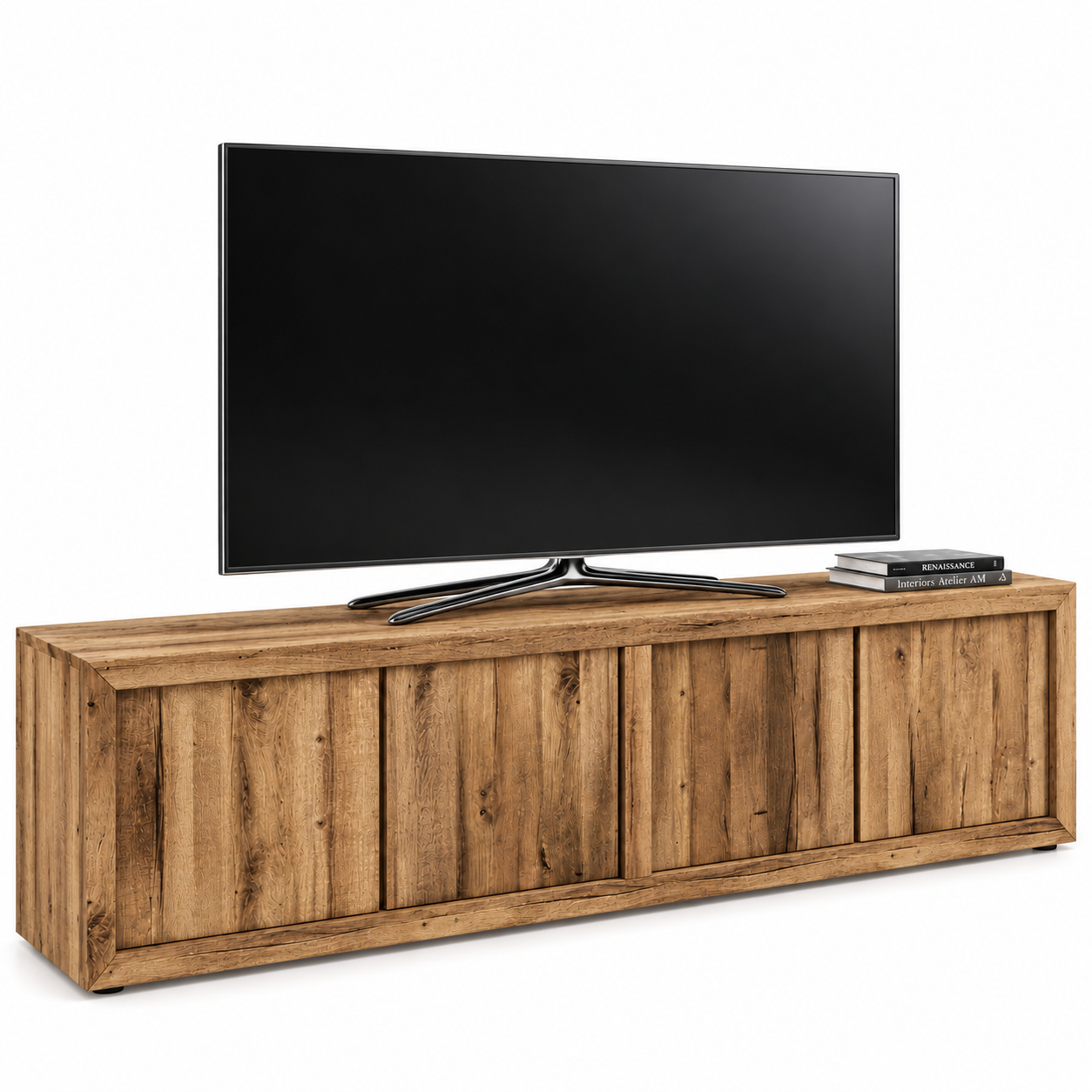 Black TV with Rustic Wood Media Console 3D Model 1