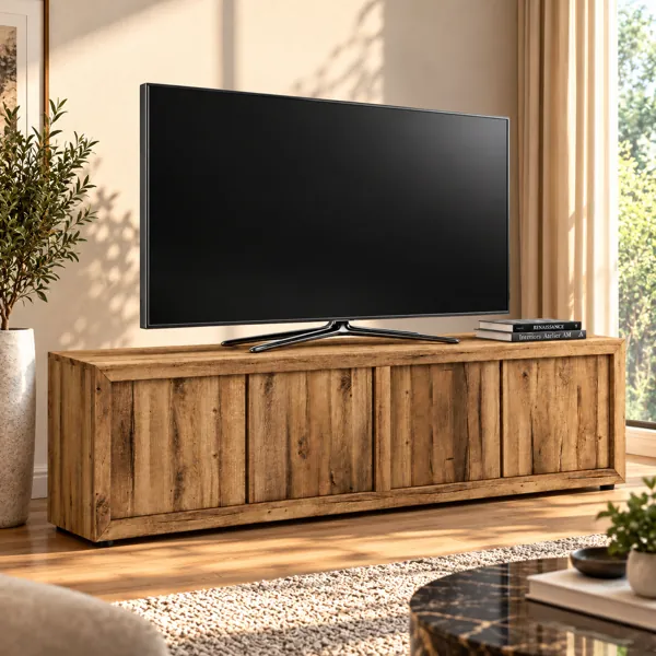 Black TV with Rustic Wood Media Console 3D Model back