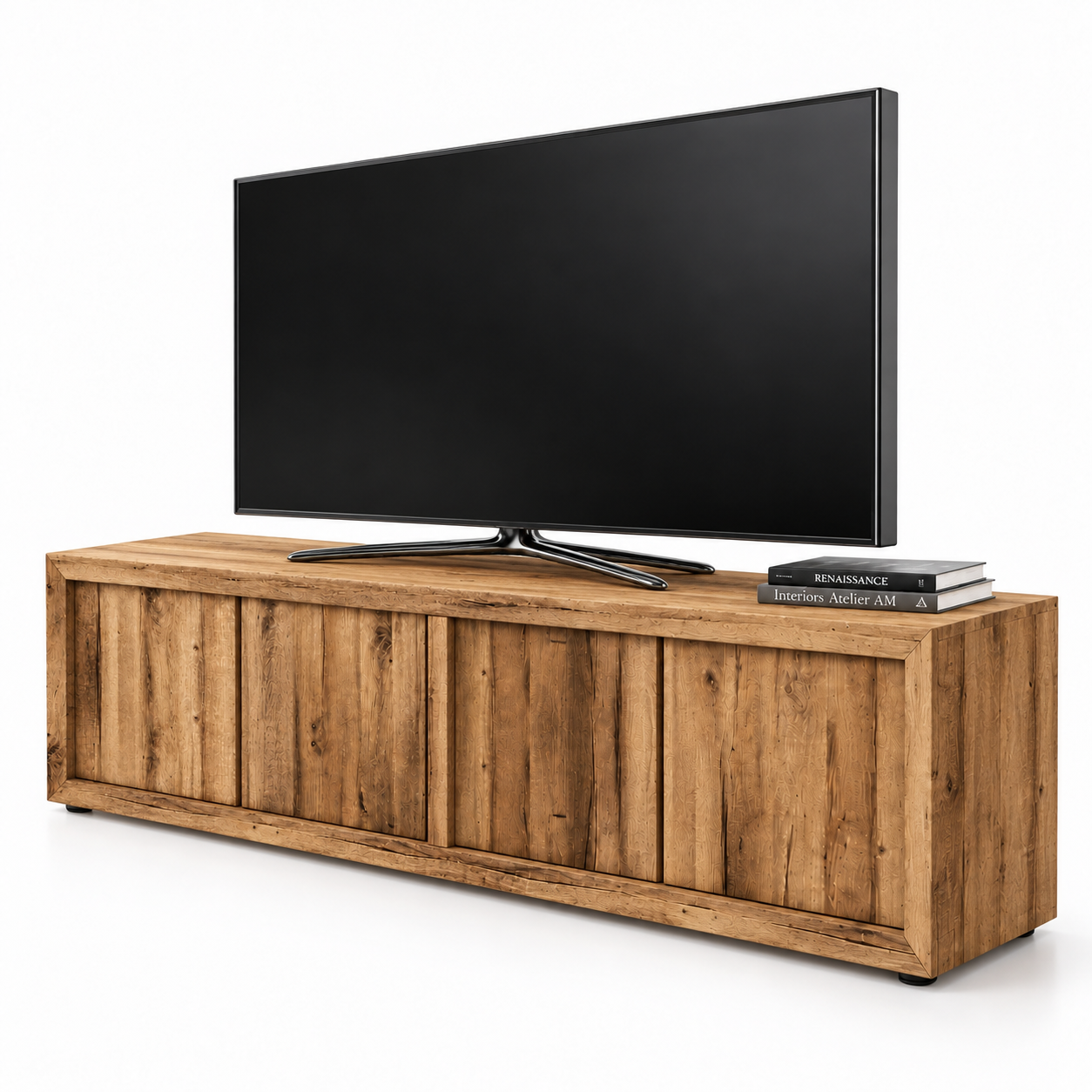 Black TV with Rustic Wood Media Console 3D Model 3