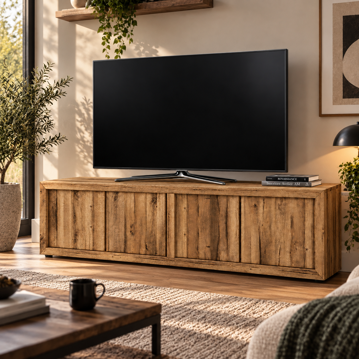 Black TV with Rustic Wood Media Console 3D Model 4
