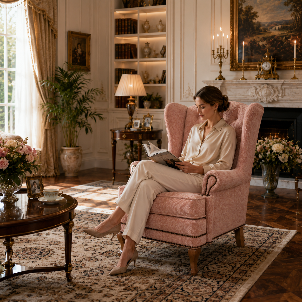 Dusty Rose Tufted Wingback Armchair – Nailhead Trim 3D Model 4