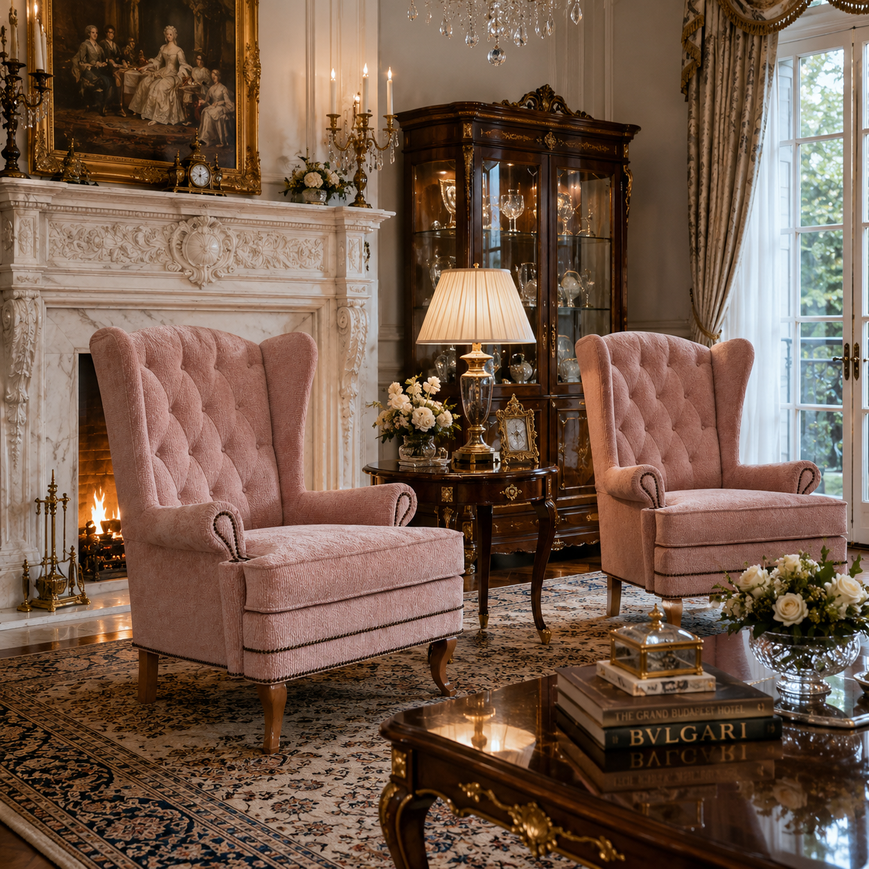 Dusty Rose Tufted Wingback Armchair – Nailhead Trim 3D Model 2