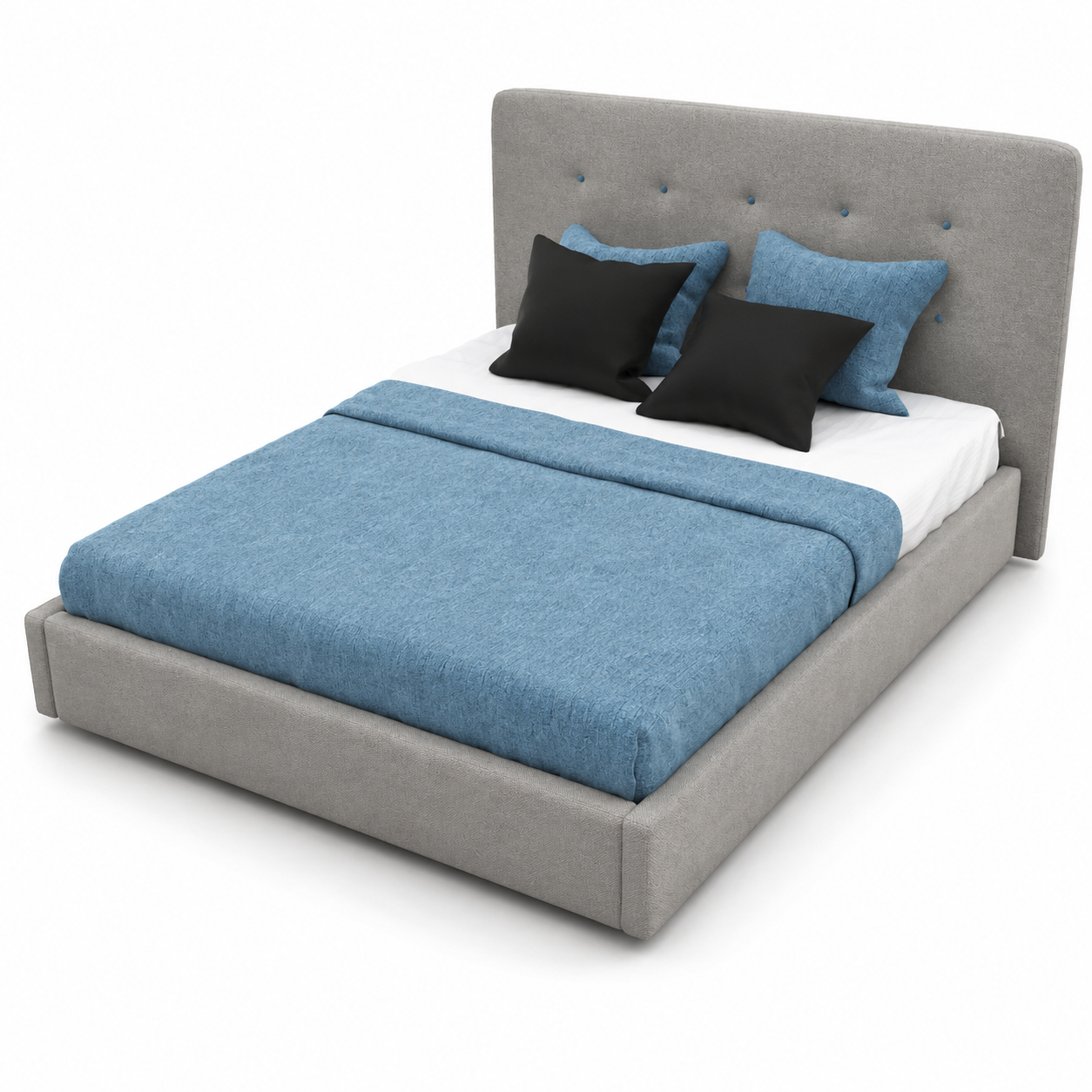 Light Gray Blue-Button Tufted Upholstered Bed 3D Model 3