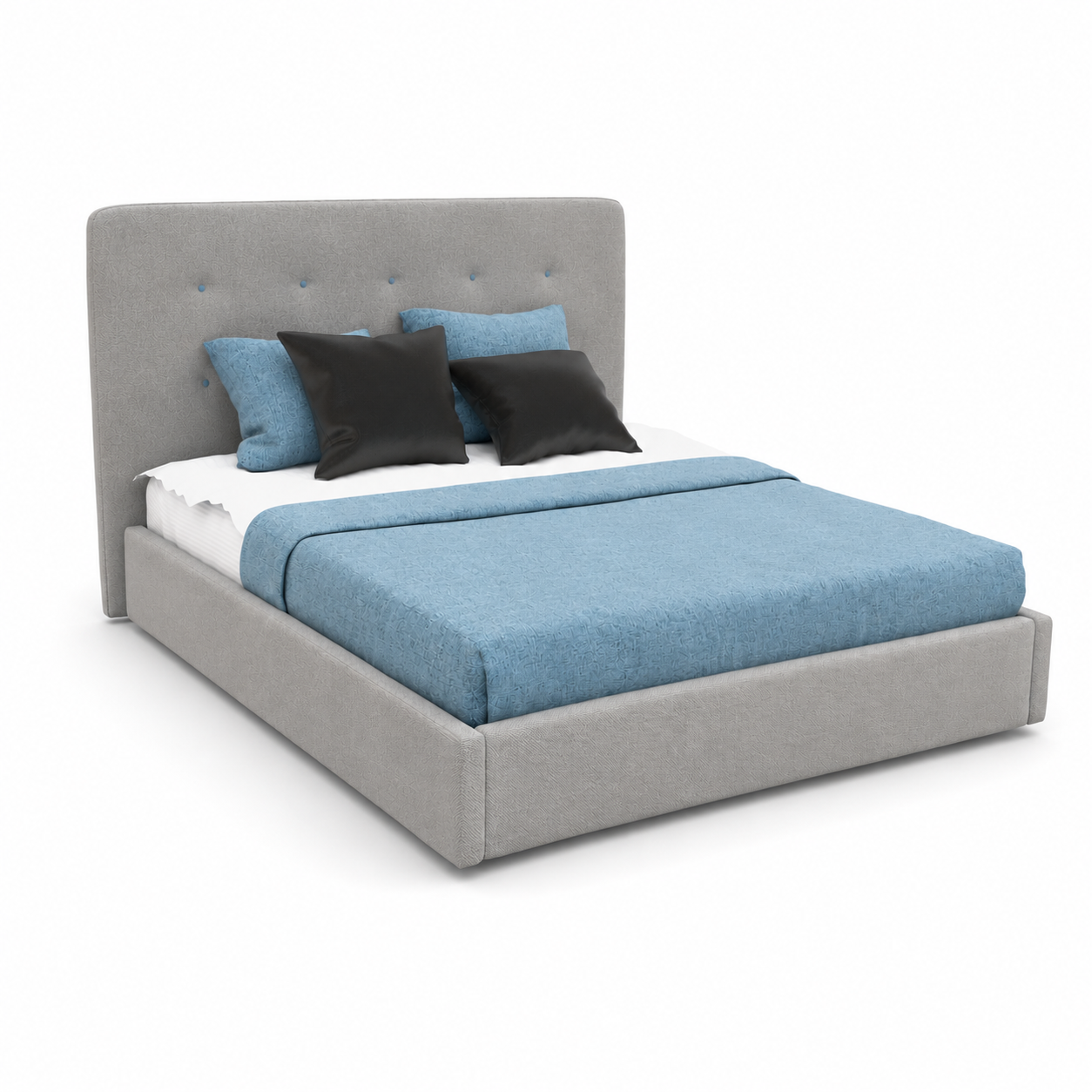 Light Gray Blue-Button Tufted Upholstered Bed 3D Model 1