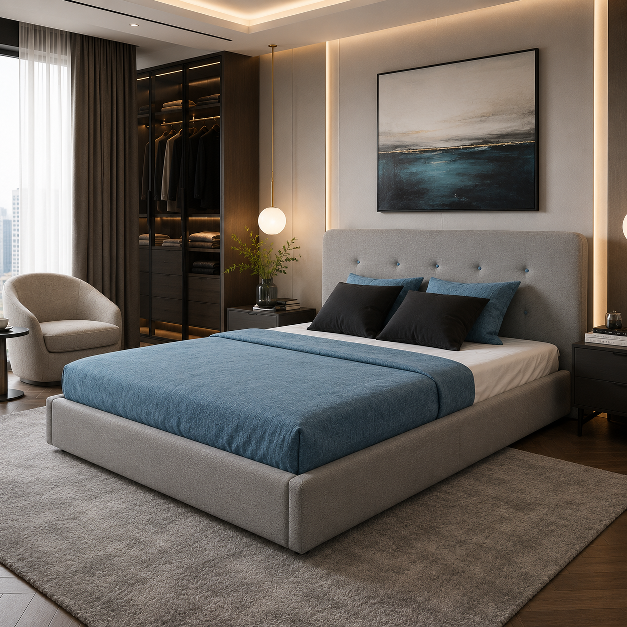 Light Gray Blue-Button Tufted Upholstered Bed 3D Model 2