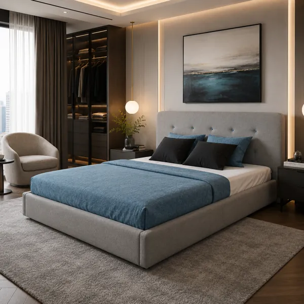 Light Gray Blue-Button Tufted Upholstered Bed 3D Model back