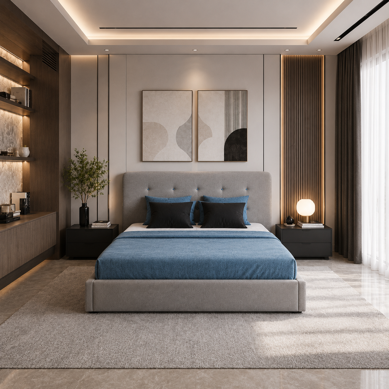 Light Gray Blue-Button Tufted Upholstered Bed 3D Model 4