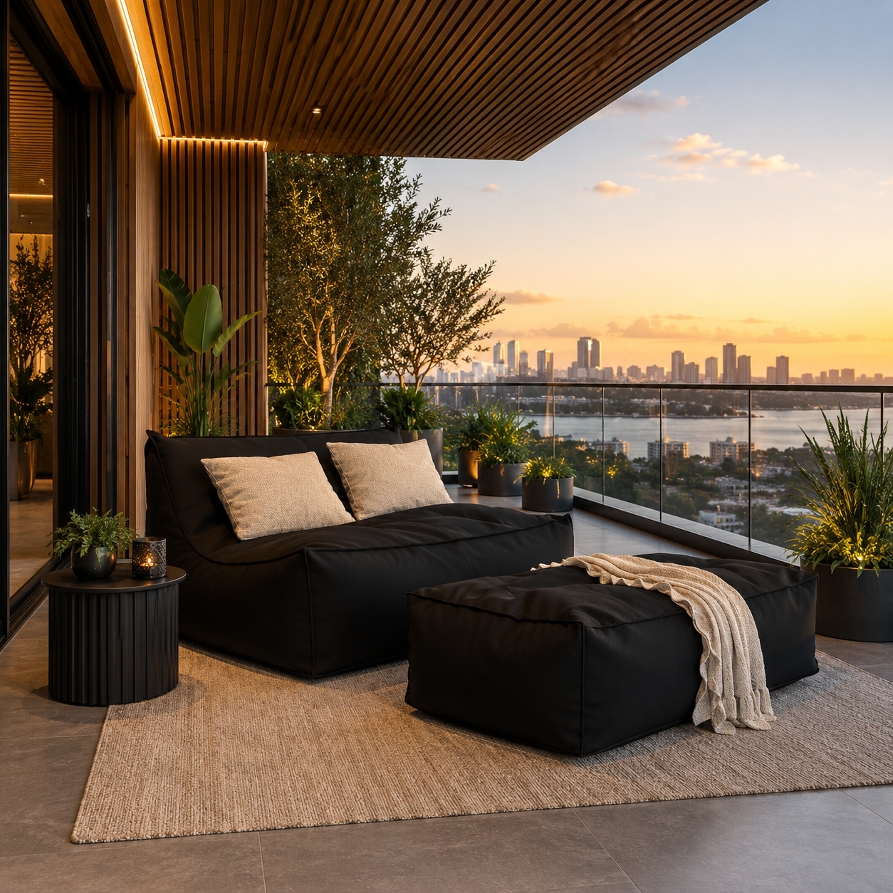 Black Floor Lounge Daybed – Matching Oversized Ottoman 3D Model 2