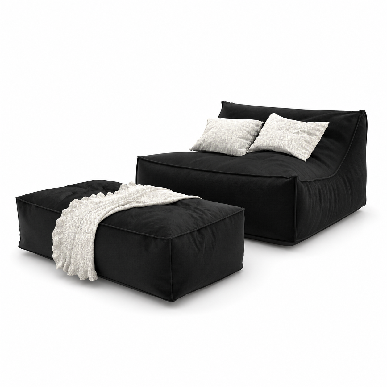 Black Floor Lounge Daybed – Matching Oversized Ottoman 3D Model 3