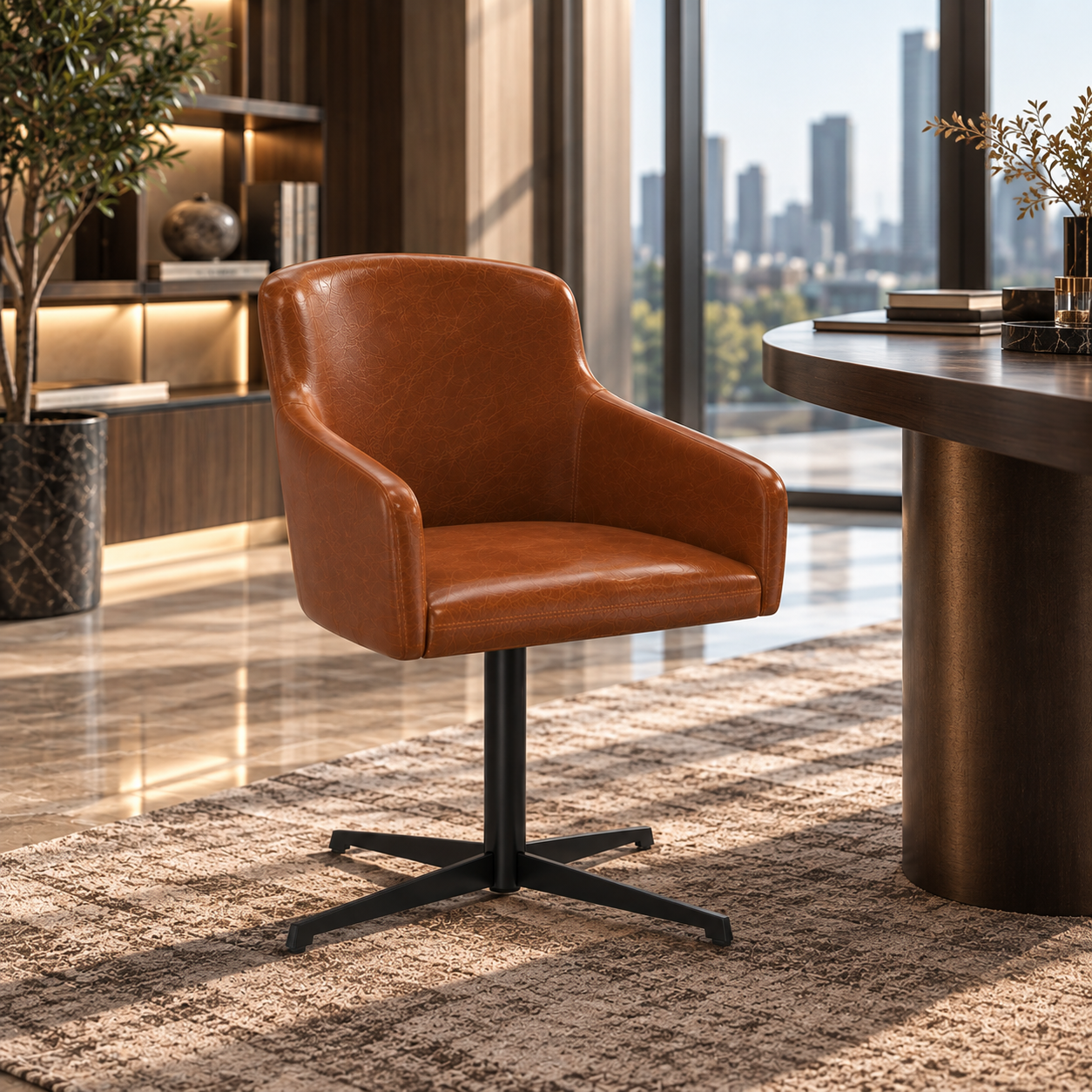Cognac Brown Leather Office Armchair 3D Model 4