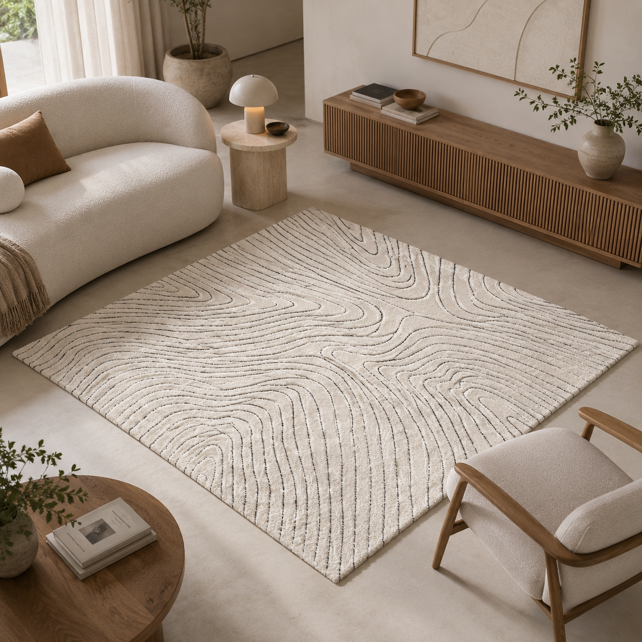 Ivory Abstract Rug – Black Topographic Lines 2
