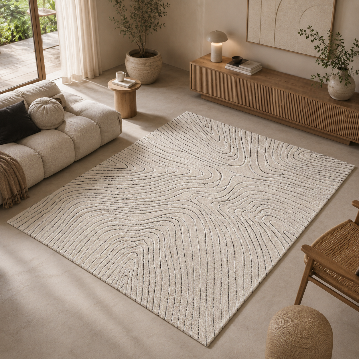 Ivory Abstract Rug – Black Topographic Lines 3