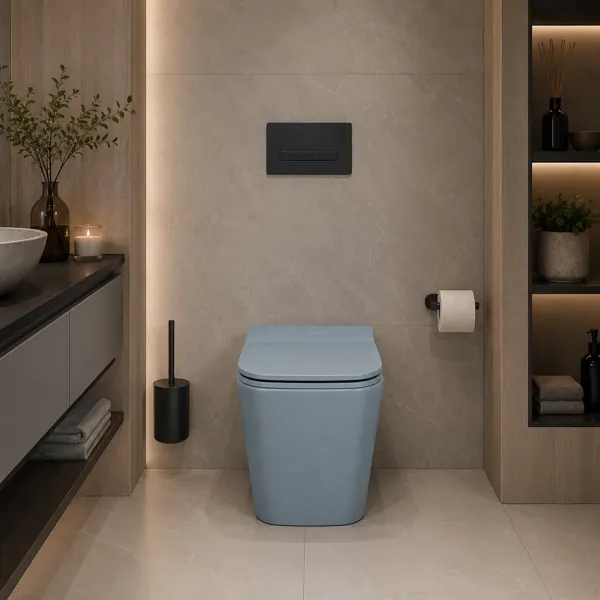 Powder Blue Compact Toilet – Soft Square Form 3D Model back