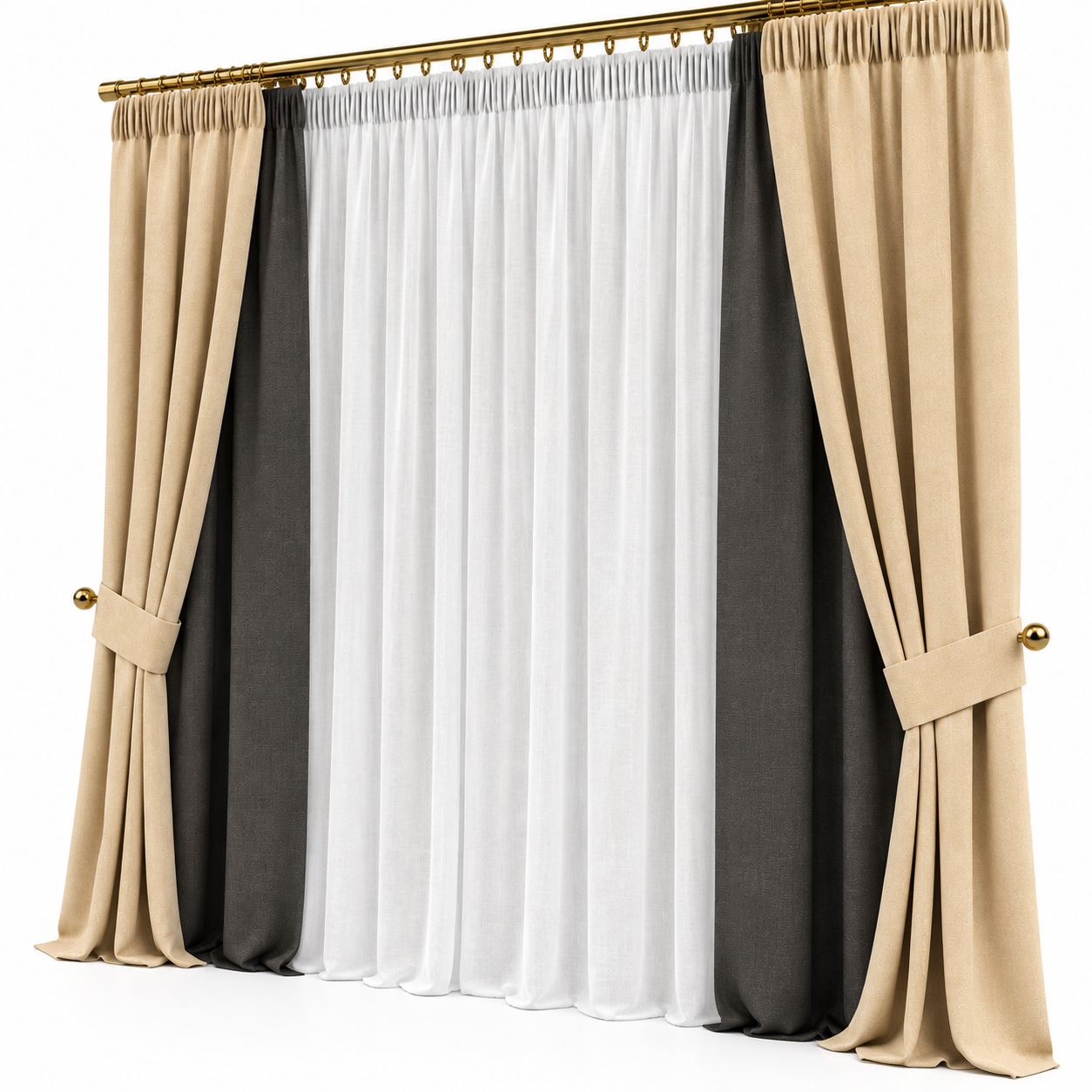 Beige Black Layered Window Curtain 3D Model 3
