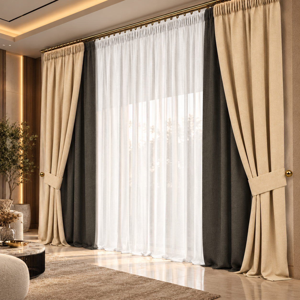 Beige Black Layered Window Curtain 3D Model 4