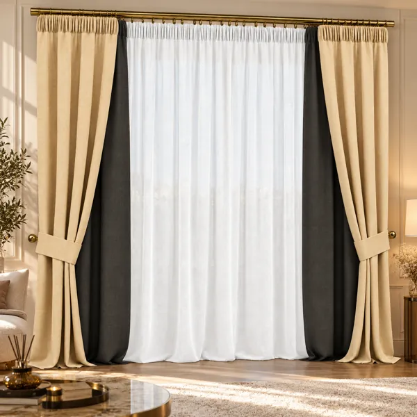 Beige Black Layered Window Curtain 3D Model back