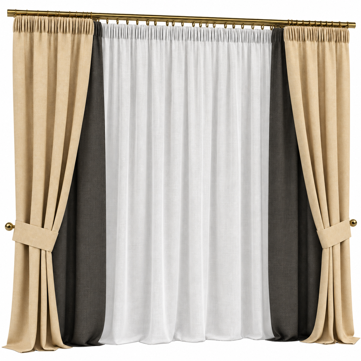 Beige Black Layered Window Curtain 3D Model 1