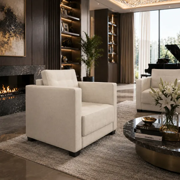 Ivory Linen Armchair with Box Arms 3D Model back