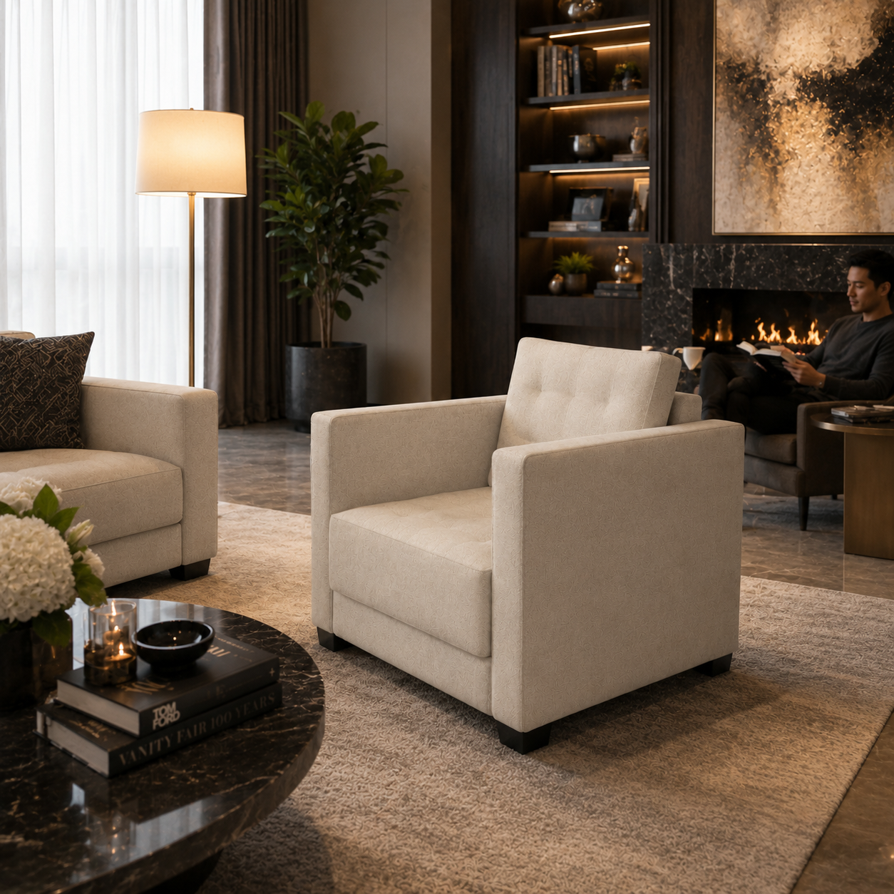 Ivory Linen Armchair with Box Arms 3D Model 4