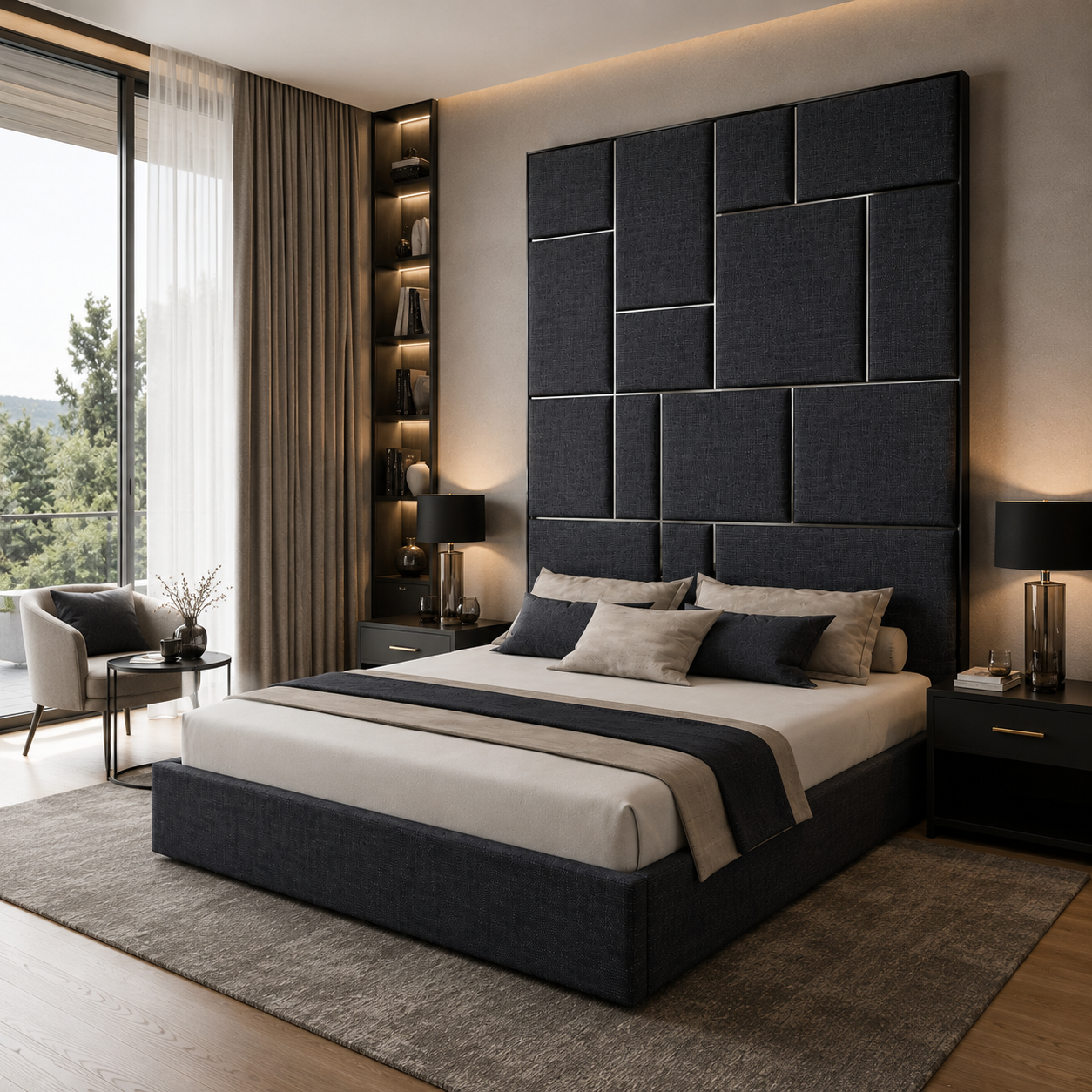 Charcoal Modern Upholstered Bed 3D Model 2