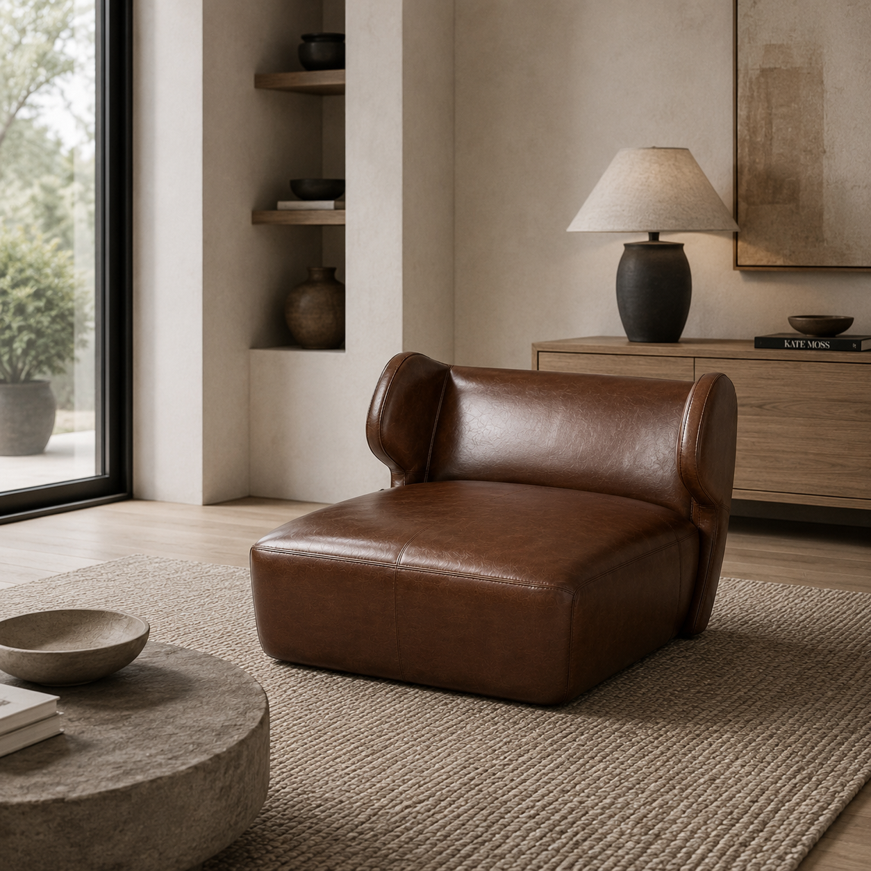 Brown Curved Leather Lounge Chair 3D Model 4