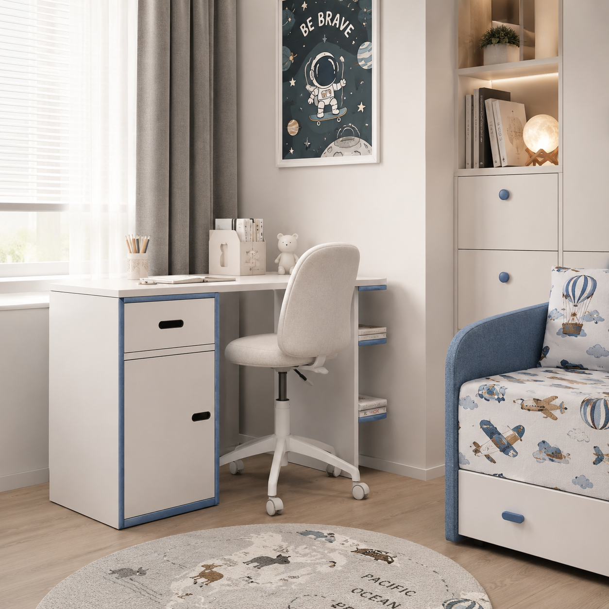 White Kids Desk – Black Handles & Side Shelves 3D Model 4