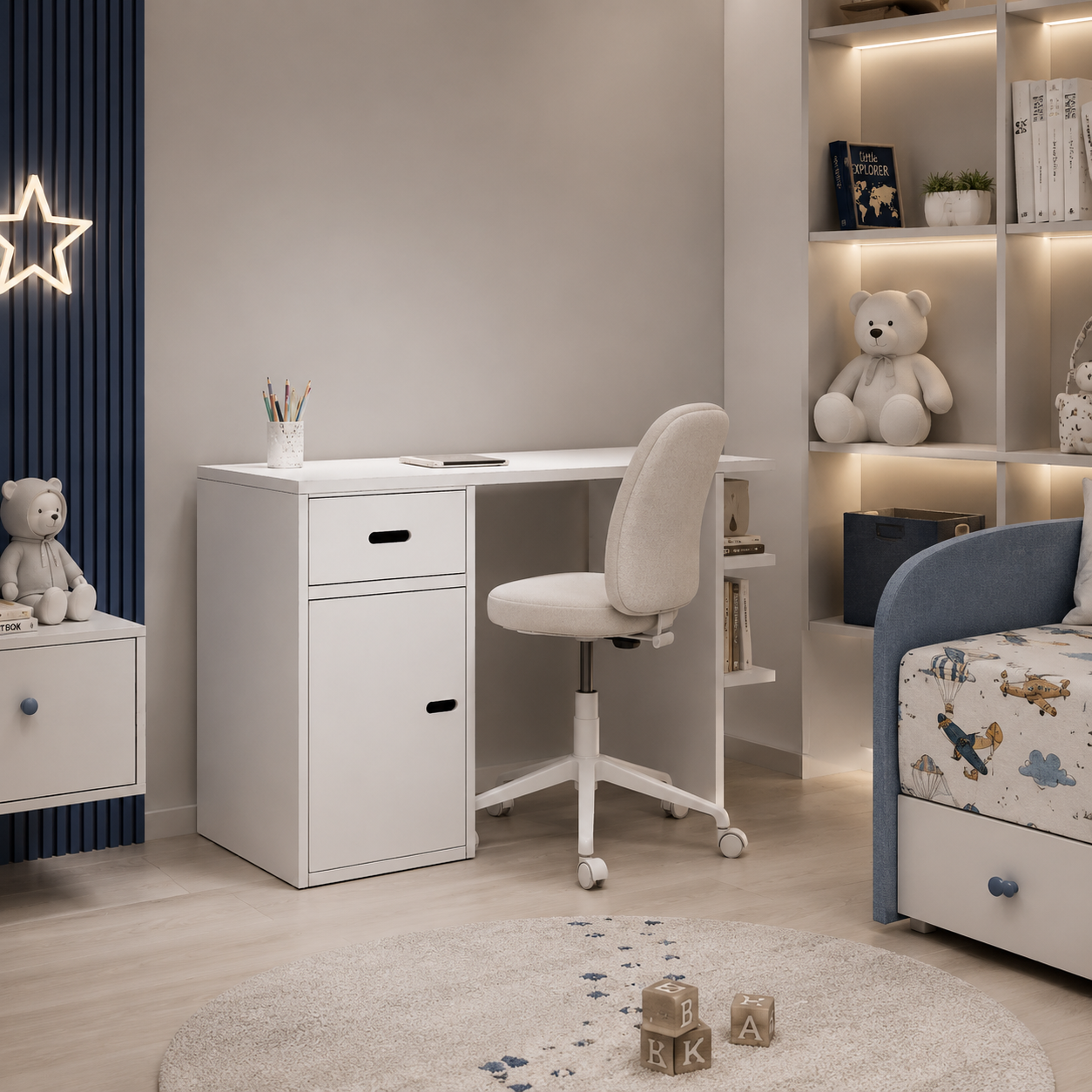 White Kids Desk – Black Handles & Side Shelves 3D Model 2