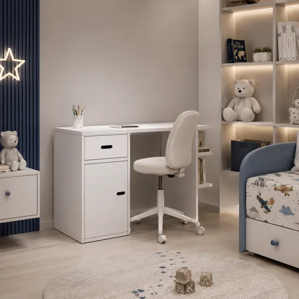 White Kids Desk – Black Handles & Side Shelves 3D Model back