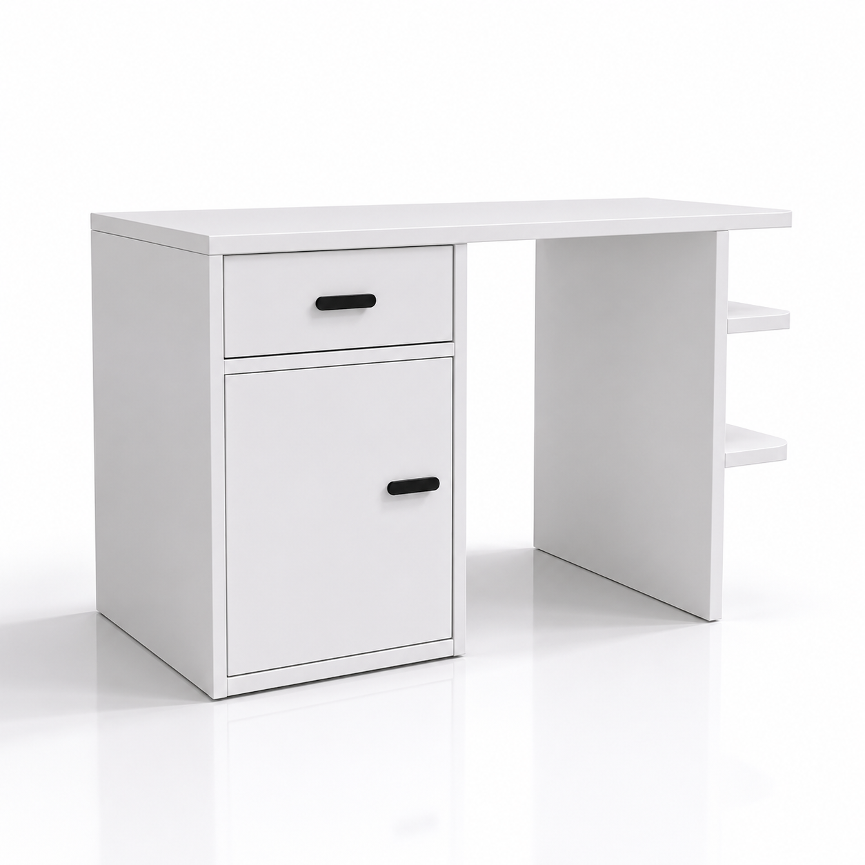 White Kids Desk – Black Handles & Side Shelves 3D Model 1