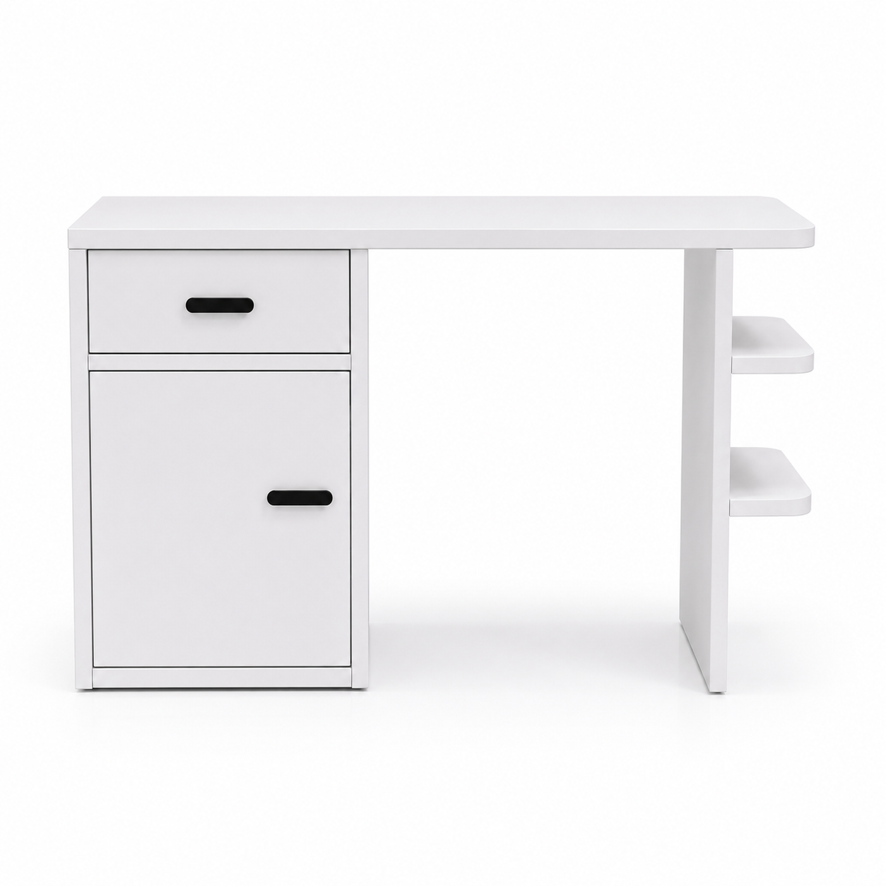 White Kids Desk – Black Handles & Side Shelves 3D Model 3