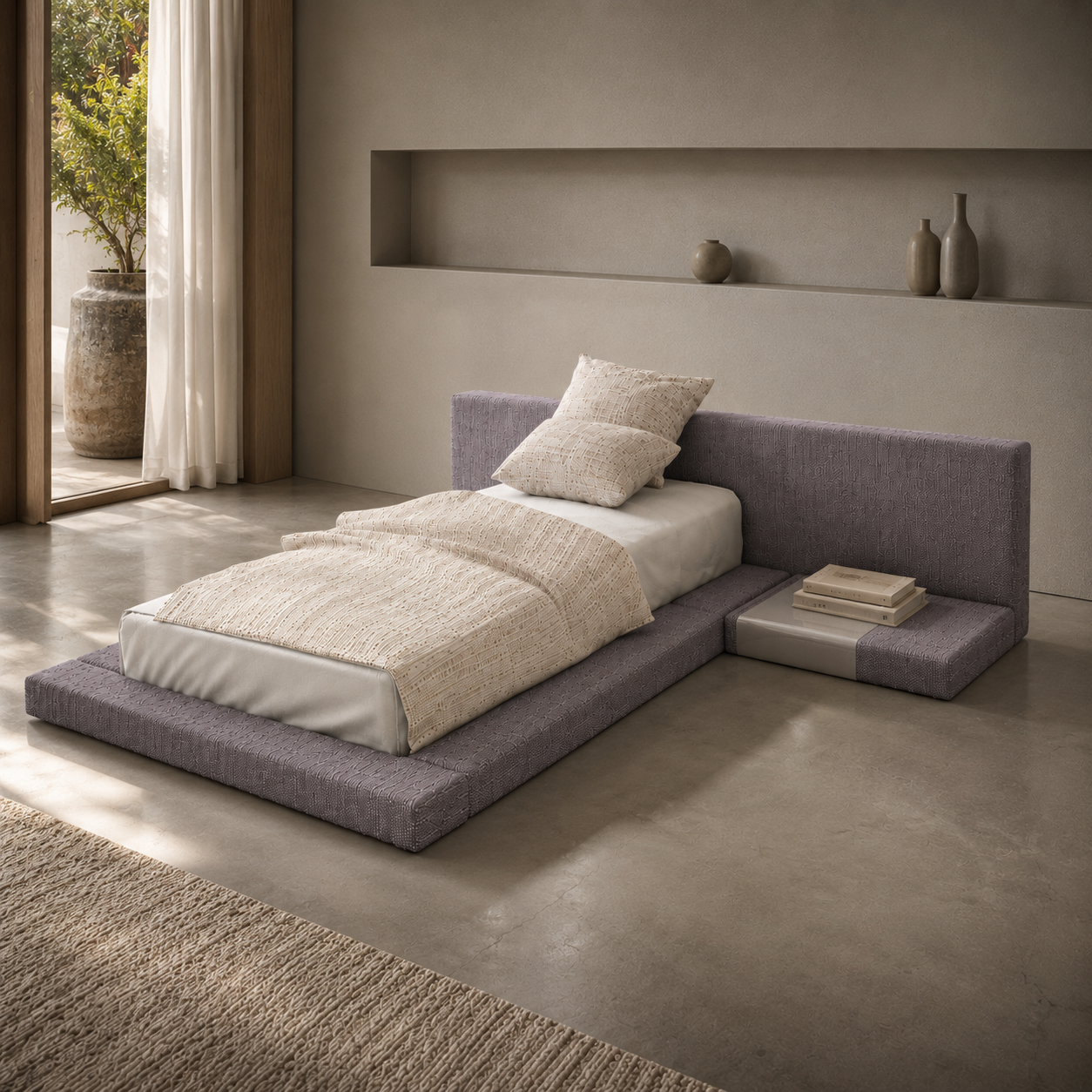 Low Platform Bed – Gray Upholstered Extended Headboard 3D Model 4