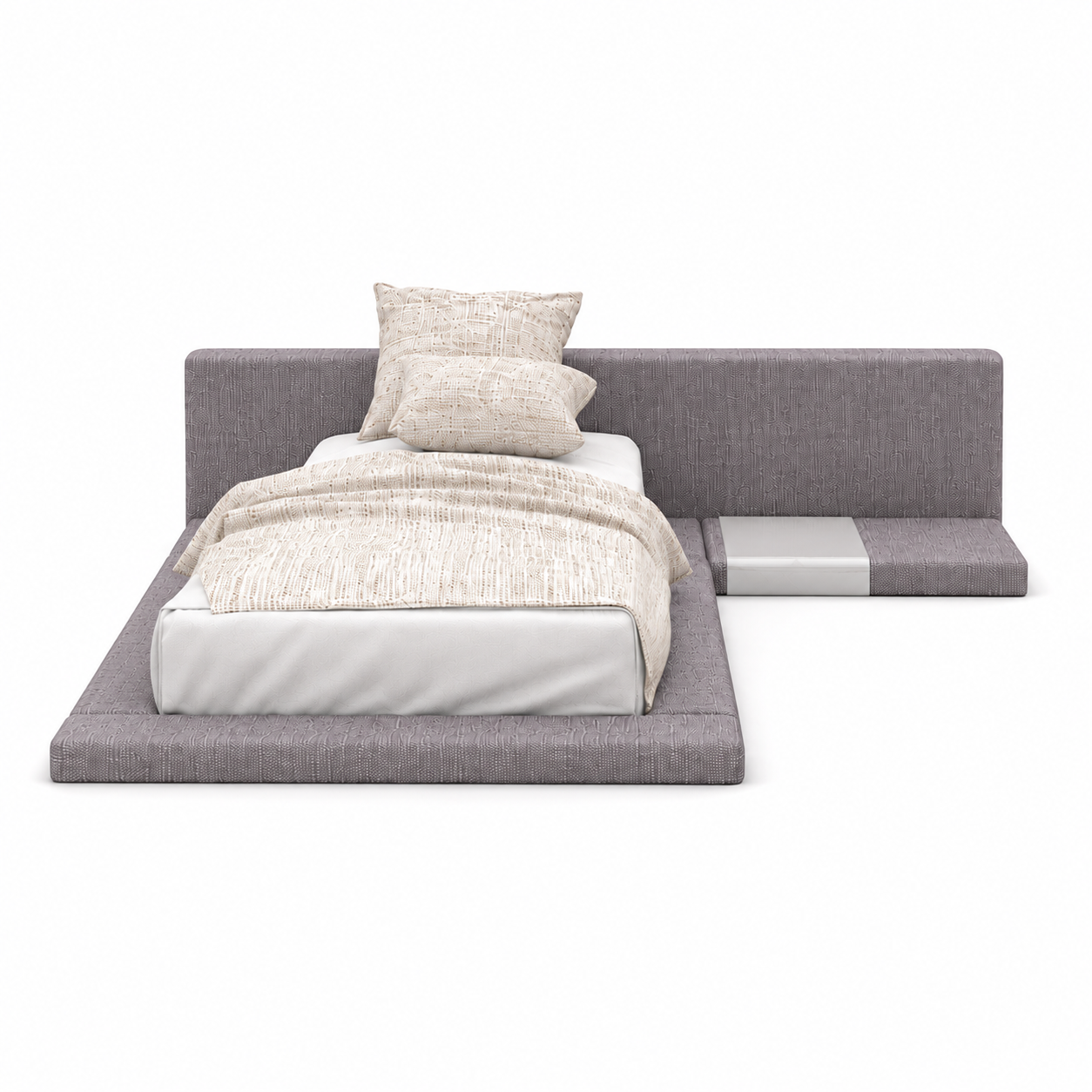 Low Platform Bed – Gray Upholstered Extended Headboard 3D Model 3
