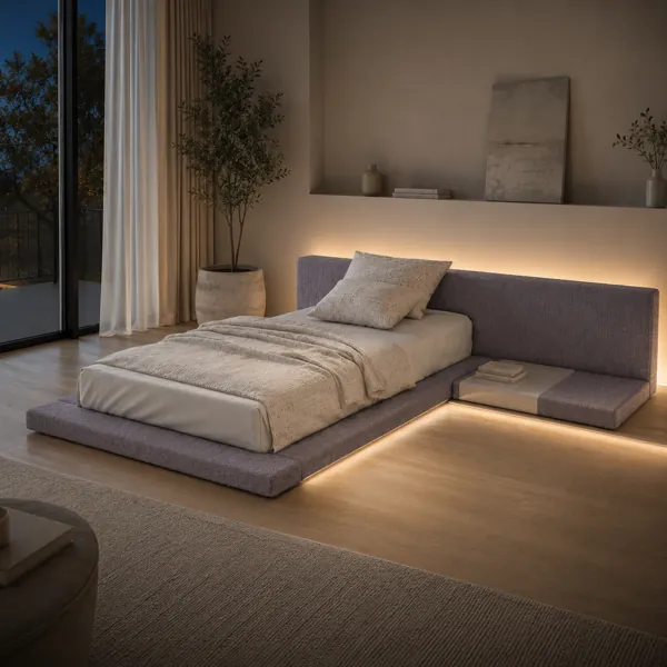 Low Platform Bed – Gray Upholstered Extended Headboard 3D Model back